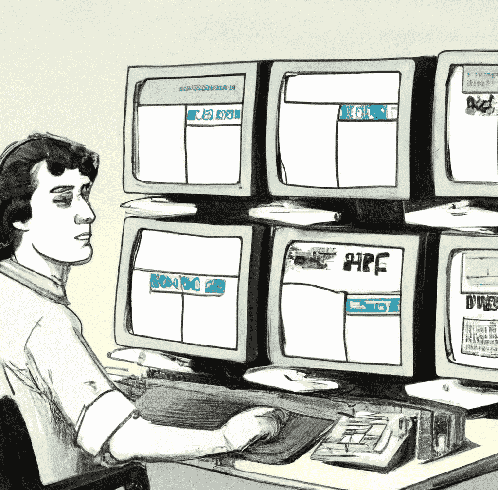 A caricature of a man sitting in front of multiple CRTs